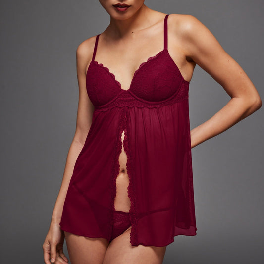 Lace Lift Up Babydoll Set Black Cherry